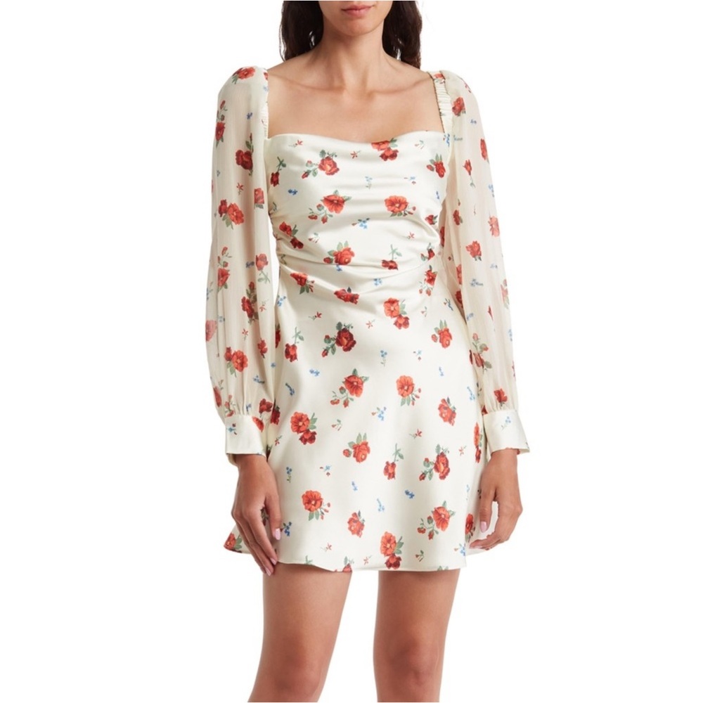 WeWoreWhat Optic White Multi Floral Puff Sleeve Cowl Neck Mini Dress
